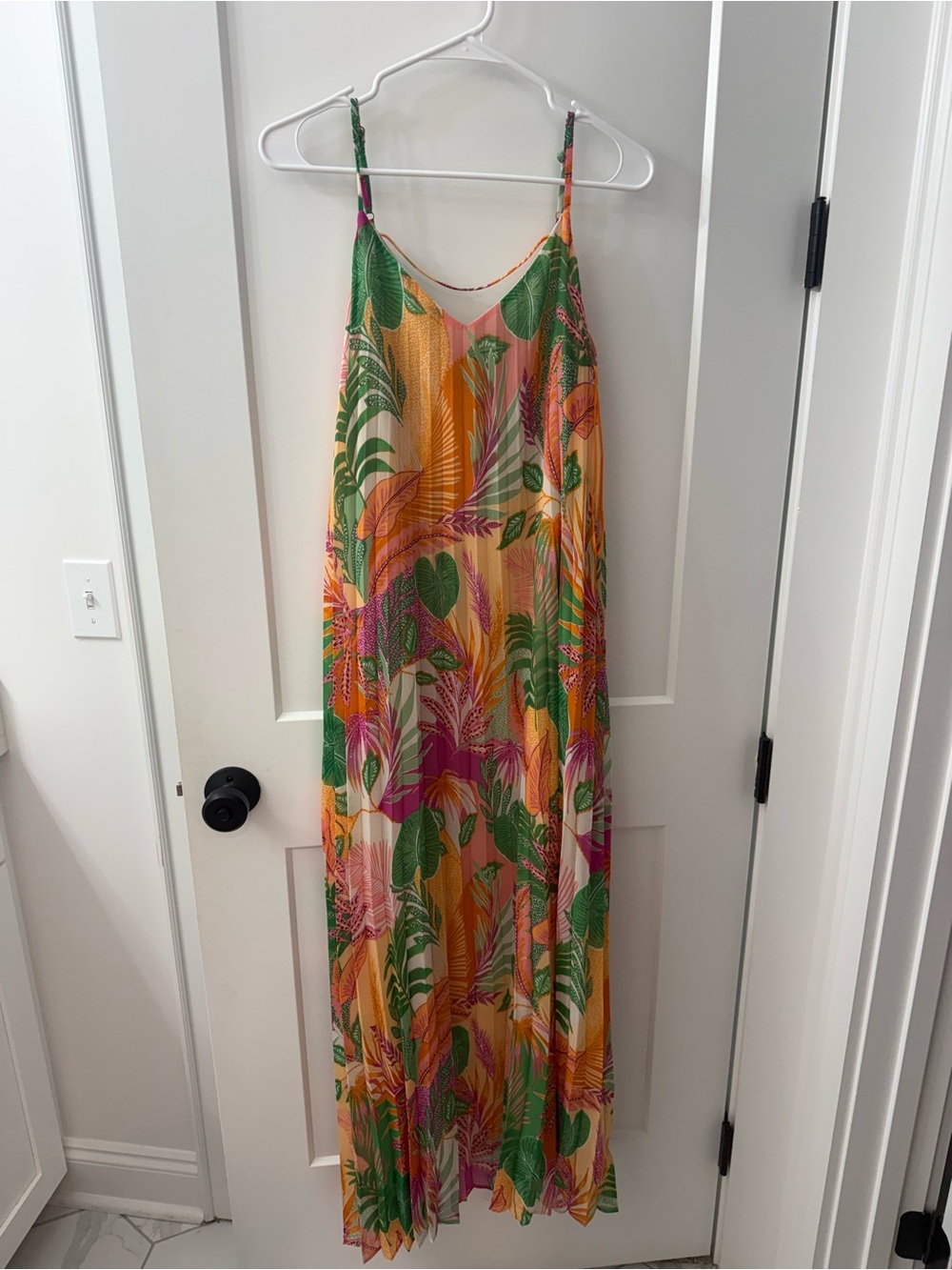 Skies Are Blue Tropical Maxi Slip Dress in Green, Orange & Pink